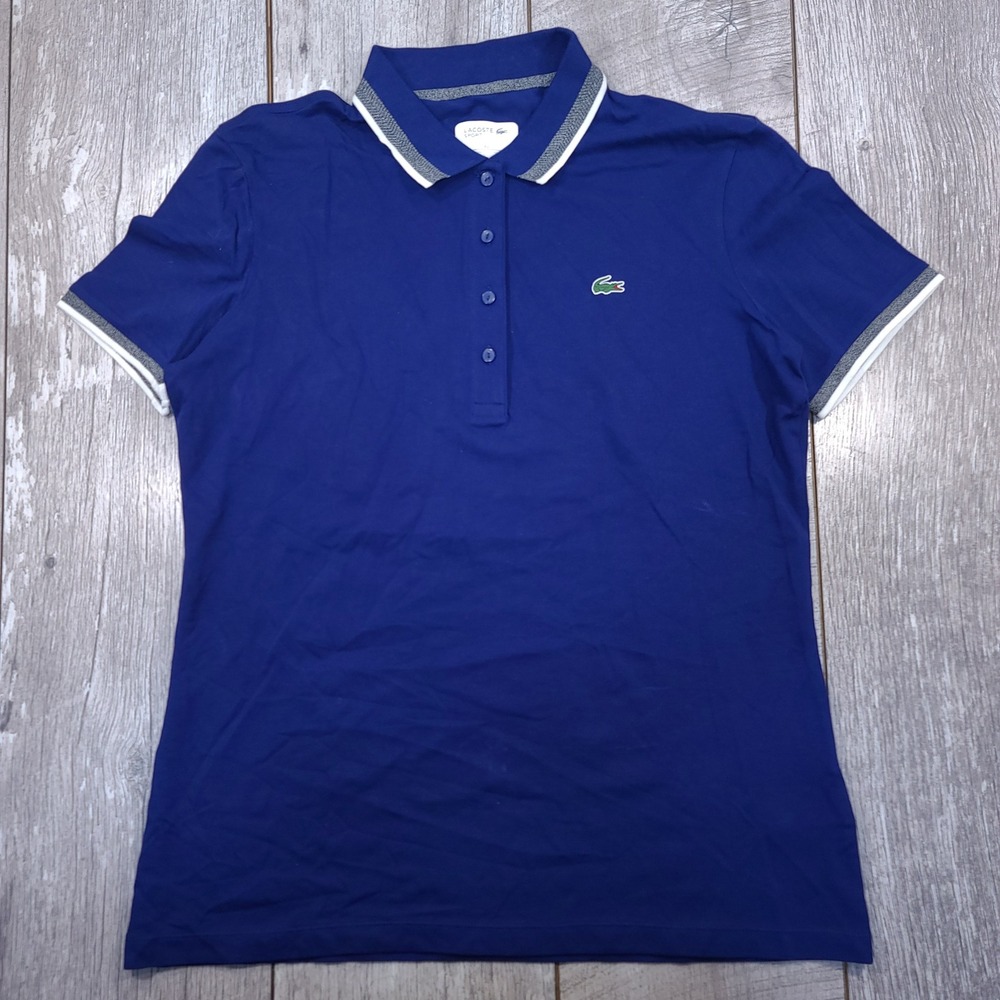 Lacoste Sport Polo Shirt Women 42 Blue Short Sleeve Striped Trim Pique